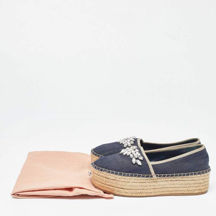 Pre Owned Miu Miu Blue Denim Crystal Embellished Platform Espadrille Flats Size 37.5