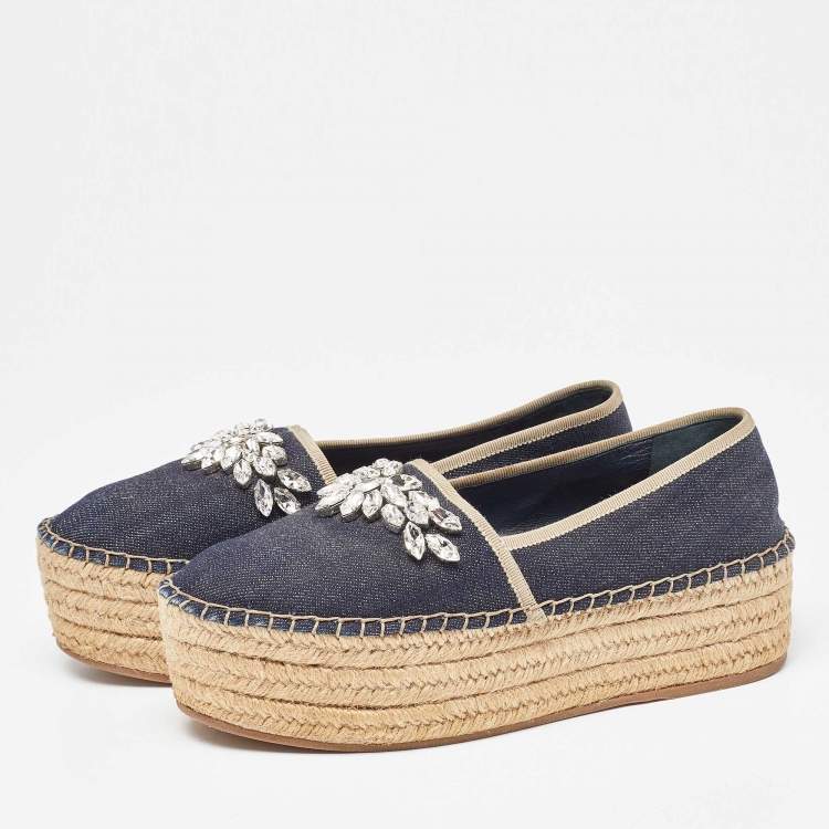 Pre Owned Miu Miu Blue Denim Crystal Embellished Platform Espadrille Flats Size 37.5