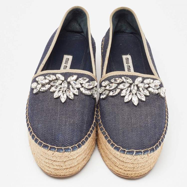 Pre Owned Miu Miu Blue Denim Crystal Embellished Platform Espadrille Flats Size 37.5