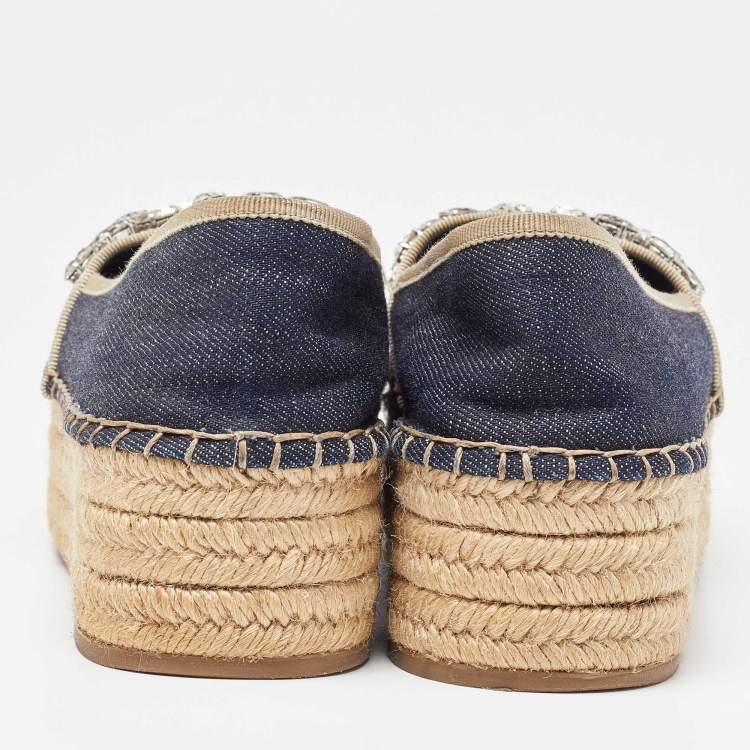 Pre Owned Miu Miu Blue Denim Crystal Embellished Platform Espadrille Flats Size 37.5