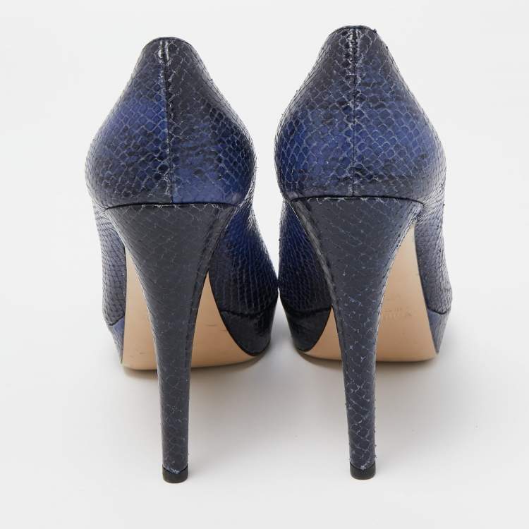 Pre Owned Miu Miu Blue Embossed Snakeskin Peep Toe Platform Pumps Size 38