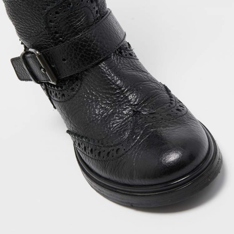 Pre Owned Miu Miu Black Brogue Leather Buckle Detail Mid Calf Boots Size 38.5