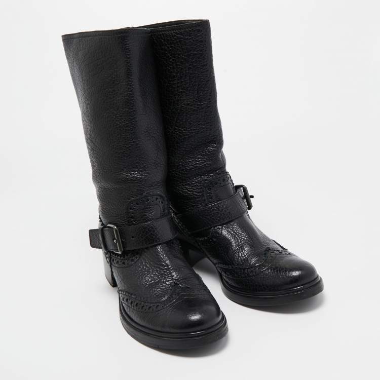 Pre Owned Miu Miu Black Brogue Leather Buckle Detail Mid Calf Boots Size 38.5