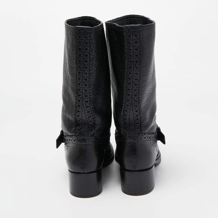 Pre Owned Miu Miu Black Brogue Leather Buckle Detail Mid Calf Boots Size 38.5