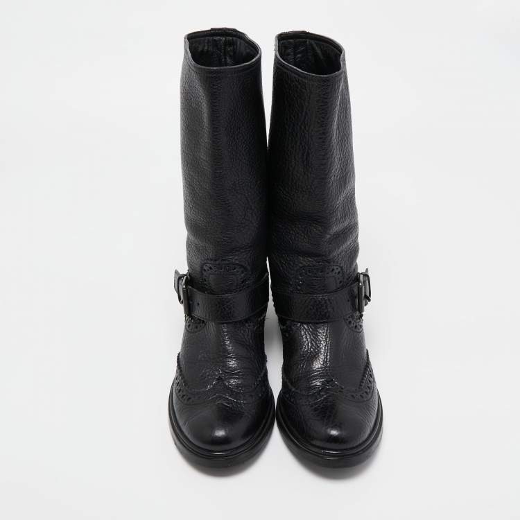 Pre Owned Miu Miu Black Brogue Leather Buckle Detail Mid Calf Boots Size 38.5