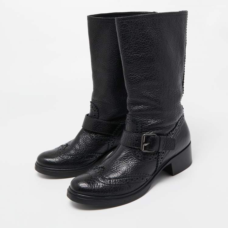 Pre Owned Miu Miu Black Brogue Leather Buckle Detail Mid Calf Boots Size 38.5