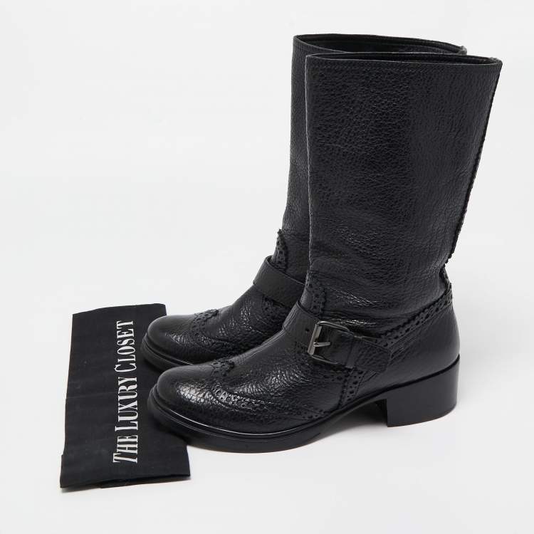 Pre Owned Miu Miu Black Brogue Leather Buckle Detail Mid Calf Boots Size 38.5