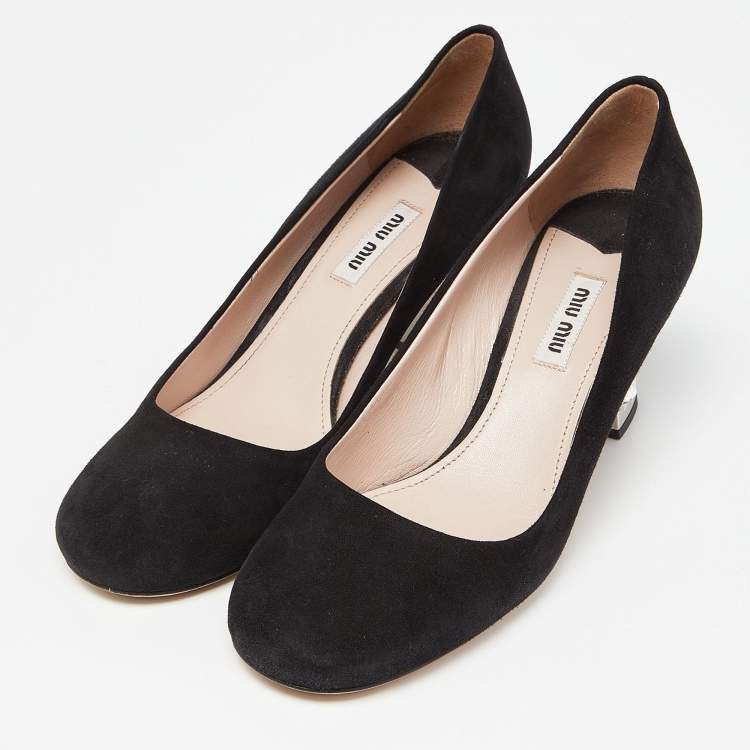 Pre Owned Miu Miu Black Suede Crystal Embellished Block Heel Pumps Size 38
