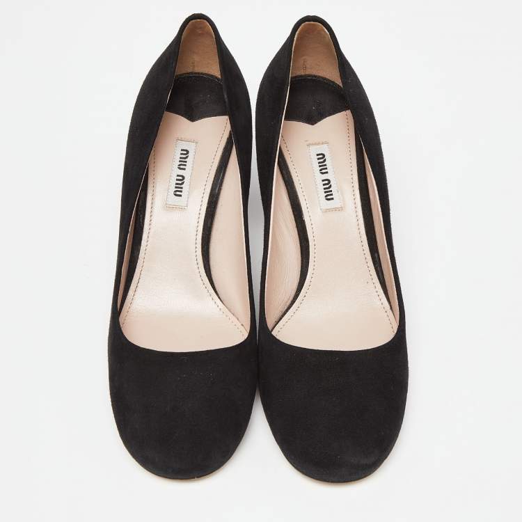 Pre Owned Miu Miu Black Suede Crystal Embellished Block Heel Pumps Size 38