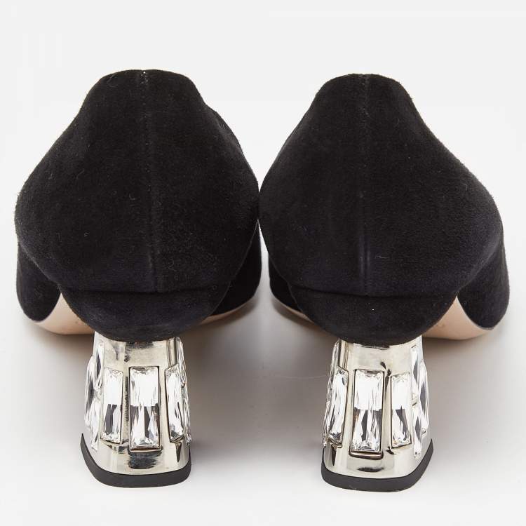 Pre Owned Miu Miu Black Suede Crystal Embellished Block Heel Pumps Size 38