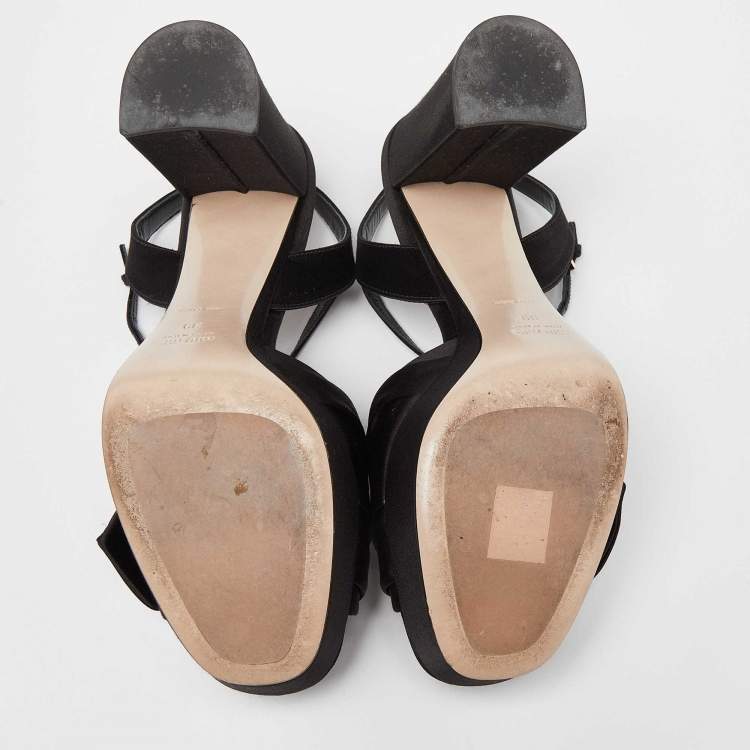 Pre Owned Miu Miu Black Satin Crystal Embellished Block Heel Ankle Strap Platform Sandals Size 39