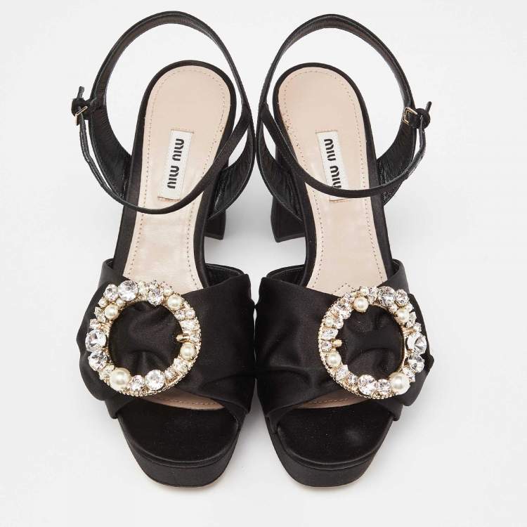 Pre Owned Miu Miu Black Satin Crystal Embellished Block Heel Ankle Strap Platform Sandals Size 39