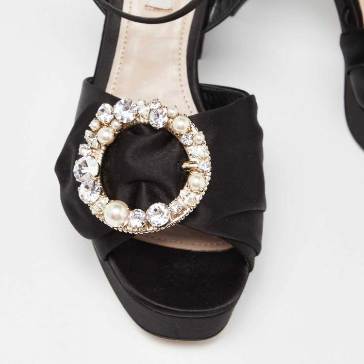 Pre Owned Miu Miu Black Satin Crystal Embellished Block Heel Ankle Strap Platform Sandals Size 39