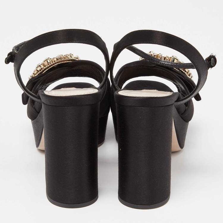 Pre Owned Miu Miu Black Satin Crystal Embellished Block Heel Ankle Strap Platform Sandals Size 39