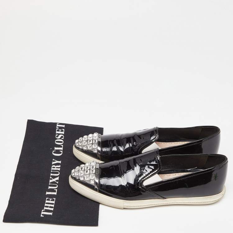 Pre Owned Miu Miu Black Patent Leather Crystals Embellished Slip On Loafers Size 37