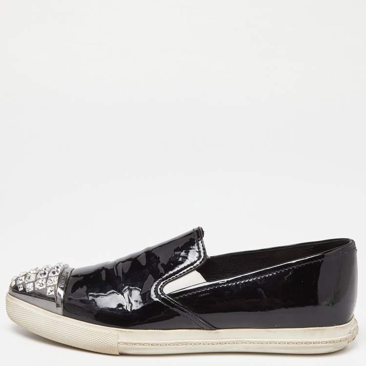 Pre Owned Miu Miu Black Patent Leather Crystals Embellished Slip On Loafers Size 37