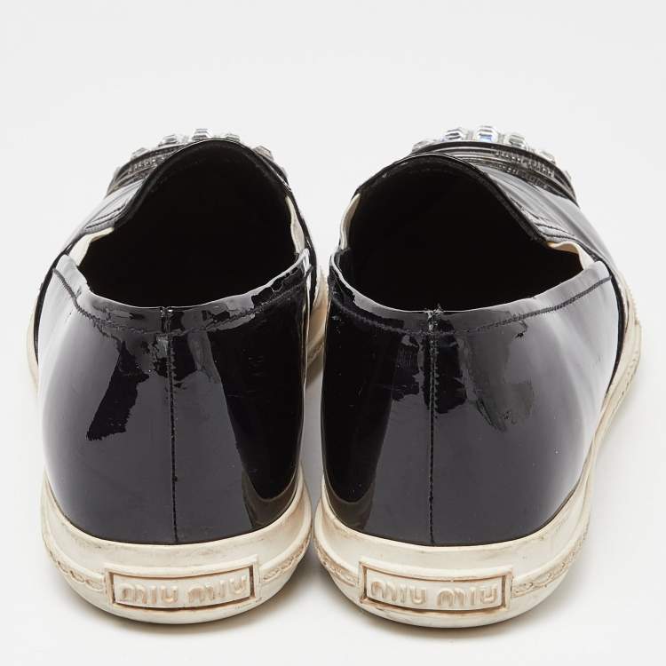Pre Owned Miu Miu Black Patent Leather Crystals Embellished Slip On Loafers Size 37