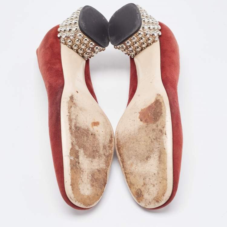 Pre Owned Miu Miu Burgundy Suede Crystal Embellished Block Heel Pumps Size 41