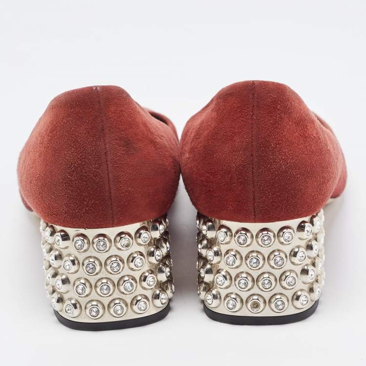 Pre Owned Miu Miu Burgundy Suede Crystal Embellished Block Heel Pumps Size 41