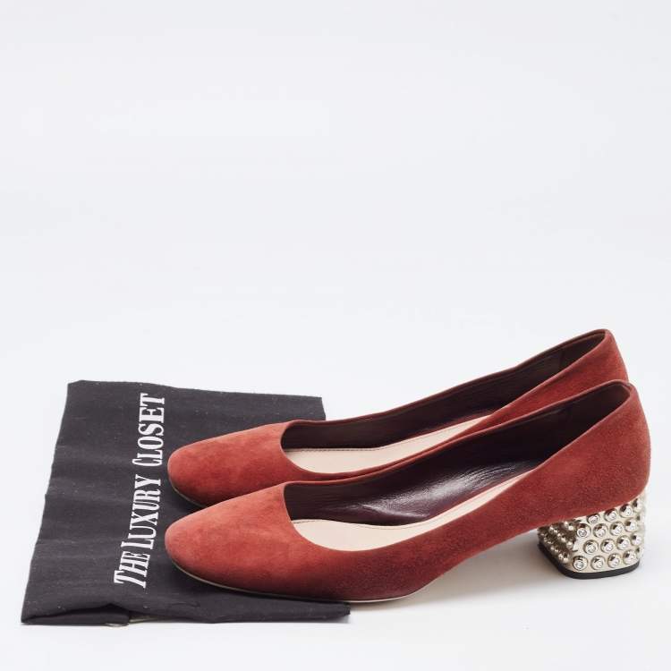 Pre Owned Miu Miu Burgundy Suede Crystal Embellished Block Heel Pumps Size 41