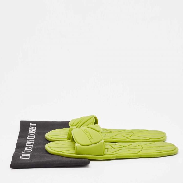 Pre Owned Miu Miu Green Rubber Flat Slides Size 39  