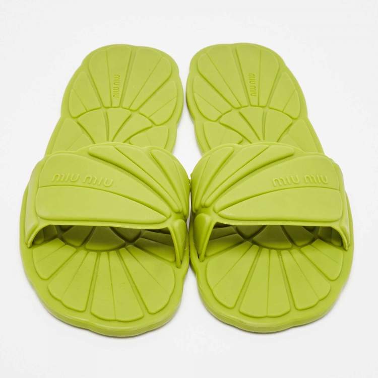 Pre Owned Miu Miu Green Rubber Flat Slides Size 39  