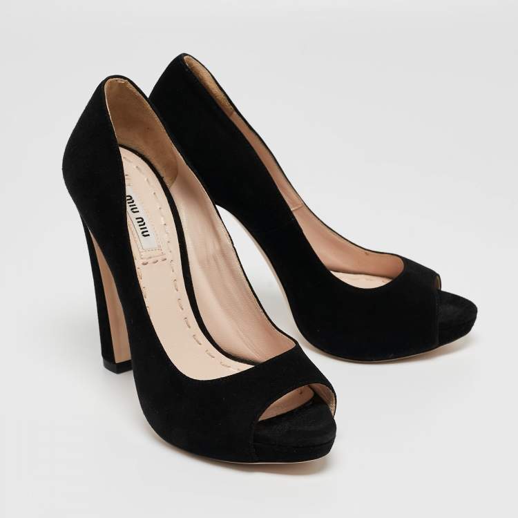 Pre Owned Miu Miu Black Suede Peep Toe Pumps Size 36.5