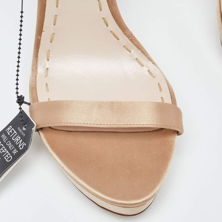 Pre Owned Miu Miu Beige Satin T Strap Crystal Embellished Heel Peep Toe Platform Sandals Size 37.5