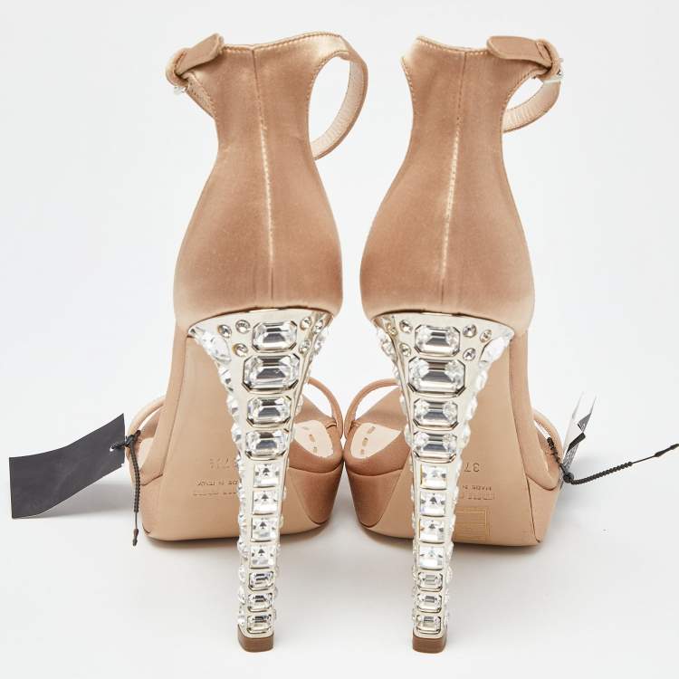Pre Owned Miu Miu Beige Satin T Strap Crystal Embellished Heel Peep Toe Platform Sandals Size 37.5