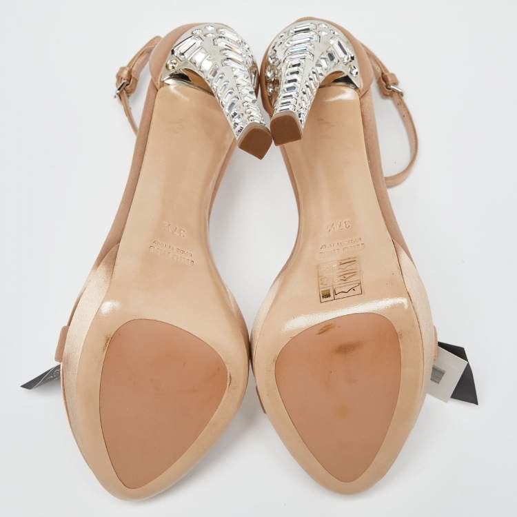 Pre Owned Miu Miu Beige Satin T Strap Crystal Embellished Heel Peep Toe Platform Sandals Size 37.5