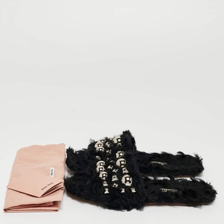 Pre Owned Miu Miu Black Fur Crystal Embellished Flat Slides Size 36