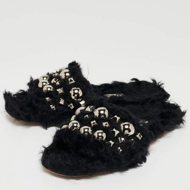 Pre Owned Miu Miu Black Fur Crystal Embellished Flat Slides Size 36