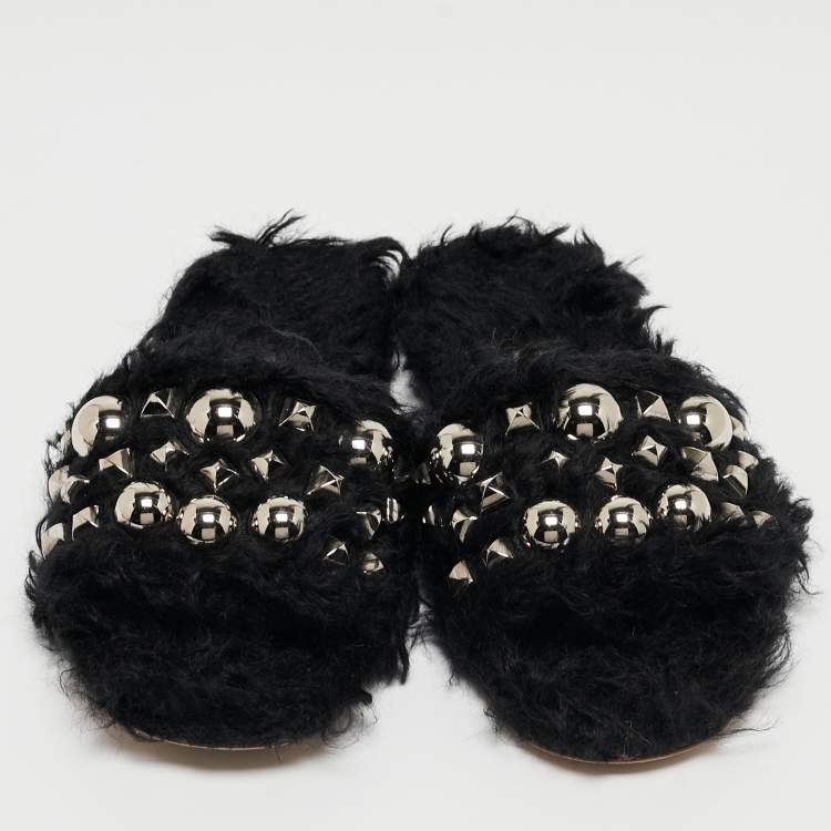 Pre Owned Miu Miu Black Fur Crystal Embellished Flat Slides Size 36