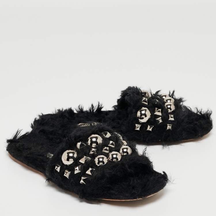 Pre Owned Miu Miu Black Fur Crystal Embellished Flat Slides Size 36
