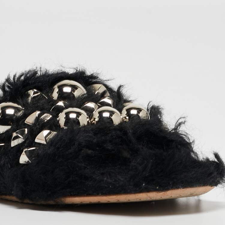 Pre Owned Miu Miu Black Fur Crystal Embellished Flat Slides Size 36