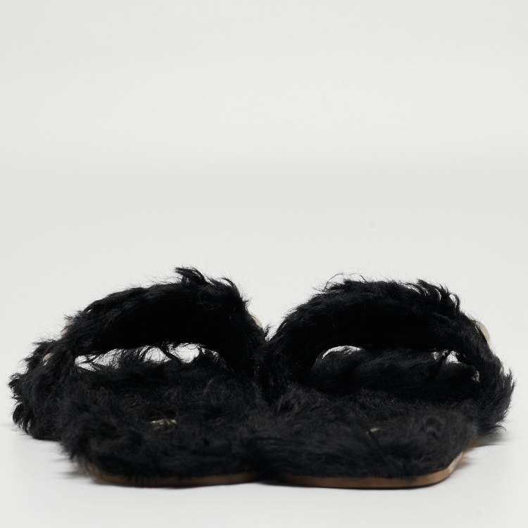 Pre Owned Miu Miu Black Fur Crystal Embellished Flat Slides Size 36