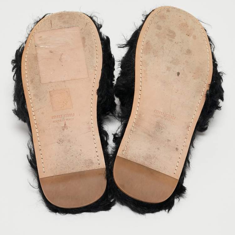 Pre Owned Miu Miu Black Fur Crystal Embellished Flat Slides Size 36