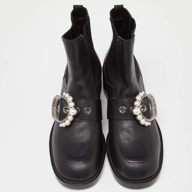 Pre Owned Miu Miu Black Leather Crystal Embellished Boots Size 39