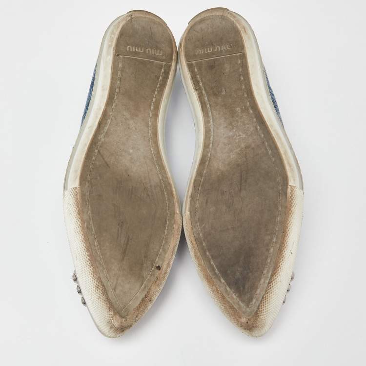 Pre Owned Miu Miu Blue Denim Crystals Embellished Slip On Loafers Size 38.5