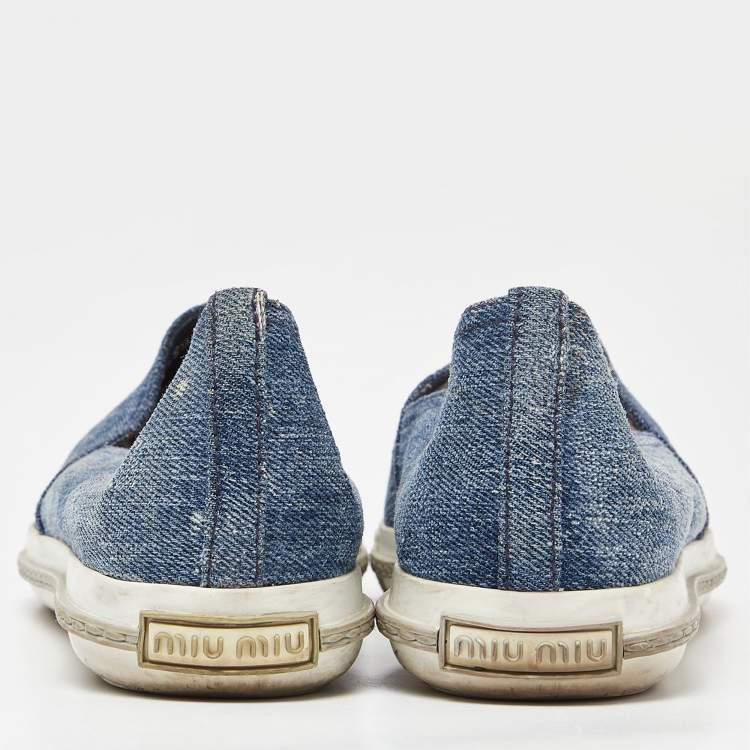 Pre Owned Miu Miu Blue Denim Crystals Embellished Slip On Loafers Size 38.5