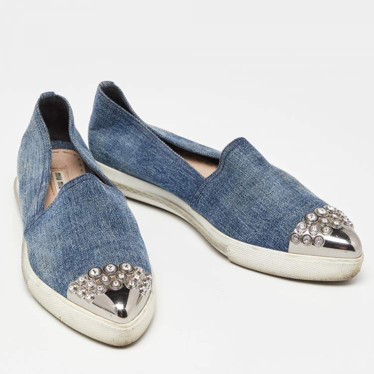 Pre Owned Miu Miu Blue Denim Crystals Embellished Slip On Loafers Size 38.5