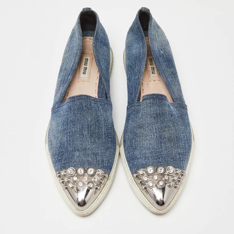 Pre Owned Miu Miu Blue Denim Crystals Embellished Slip On Loafers Size 38.5