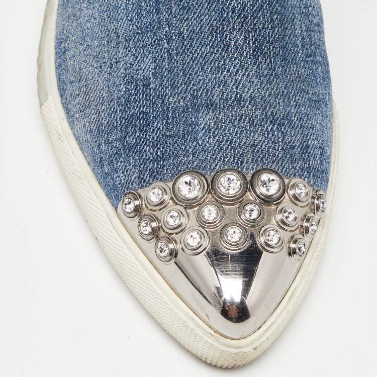 Pre Owned Miu Miu Blue Denim Crystals Embellished Slip On Loafers Size 38.5