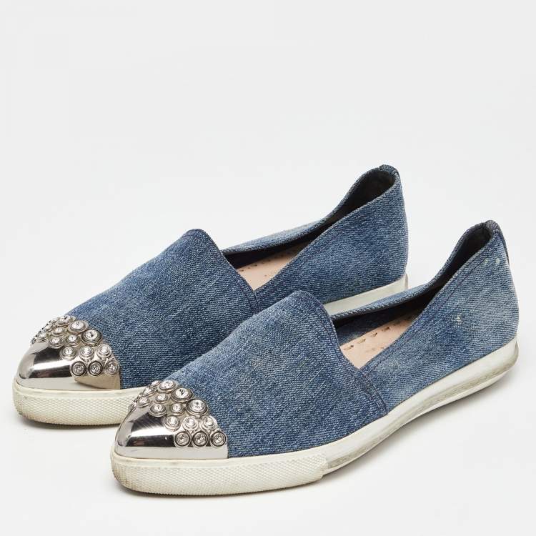 Pre Owned Miu Miu Blue Denim Crystals Embellished Slip On Loafers Size 38.5
