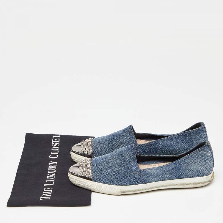 Pre Owned Miu Miu Blue Denim Crystals Embellished Slip On Loafers Size 38.5
