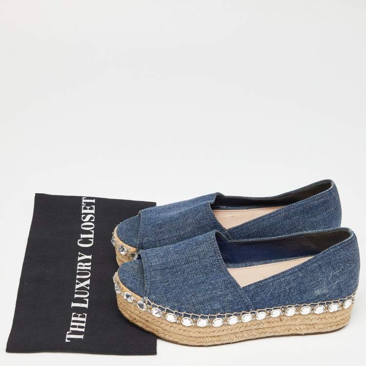 Pre Owned Miu Miu Blue Denim Platform Wedge Open Toe Espadrilles Size 38