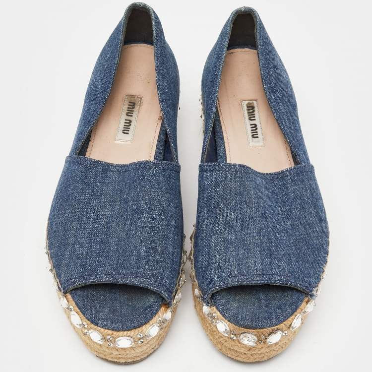 Pre Owned Miu Miu Blue Denim Platform Wedge Open Toe Espadrilles Size 38