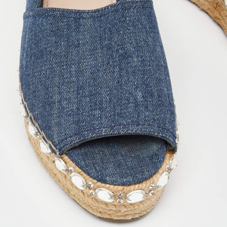 Pre Owned Miu Miu Blue Denim Platform Wedge Open Toe Espadrilles Size 38