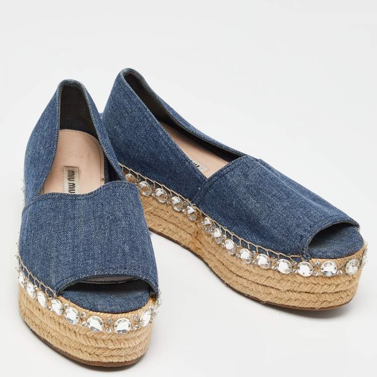 Pre Owned Miu Miu Blue Denim Platform Wedge Open Toe Espadrilles Size 38