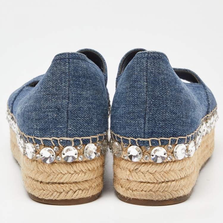 Pre Owned Miu Miu Blue Denim Platform Wedge Open Toe Espadrilles Size 38